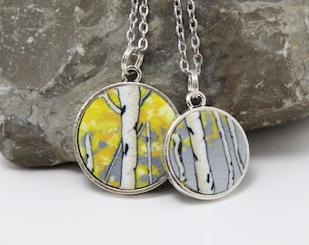 Aspen Tree Necklace, Small Round Pendant, Yellow Gray, Polymer Clay, Landscape Scene, Nature Art Jewelry, Unique Womens Gift, Birch Forest