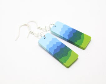 Sale Blue Green Mountain Earrings, Rectangle Dangle, Polymer Clay, Art Jewelry, Nature Landscape, Unique Women's Gift, Blue Ridge, Asheville