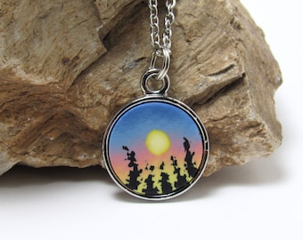 Sunrise Silhouette Pendant Necklace, Blue Pink Yellow, Landscape Scene, Polymer Clay, Art Jewelry, Unique Women's Gift,