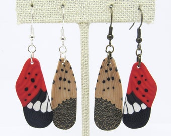 Spotted Lanternfly Wing Dangle Earrings, Beige Black Red, Polymer Clay, Realistic Nature Jewelry, Unique Women Gift, Gardener, Entomologist