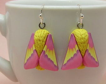 Bright Rosy Maple Moth Dangle Earrings, Yellow Pink, Polymer Clay, Realistic Nature Jewelry, Unique Women Gift, Bug Lover Gift, Entomologist