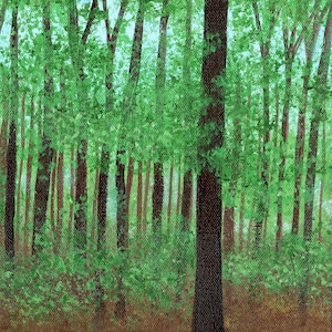 Puede incluir: Una pintura de un bosque con árboles altos y delgados. Los árboles son principalmente verdes, con algunas ramas y troncos marrones. El fondo es un azul brumoso.
