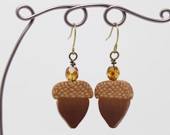 Sale - Beaded Acorn Dangle Earrings, Brown & Beige, Polymer Clay, Rustic Woodland Jewelry, Fall Autumn, Nature Jewelry, Unique Womens Gift