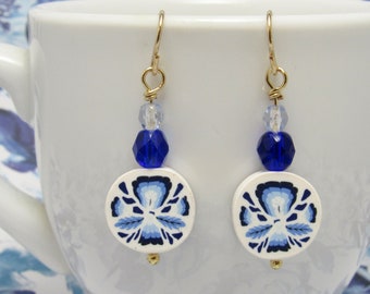 Beaded Faux Porcelain Dangle Earrings, Blue & White Floral, Polymer Clay Cane, Vintage Style, Unique Womens Gift, Lightweight