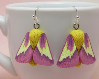 Sale Rosy Maple Moth Dangle Earrings, Yellow Pink, Polymer Clay, Realistic Nature Jewelry, Unique Women's Gift, Bug Lover Gift, Entomologist