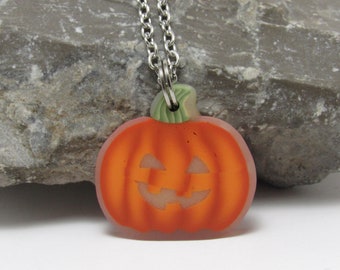 Glow Jack-O-Lantern Pendant, Pumpkin Necklace, Orange Polymer Clay, Unique Women's Gift, Autumn Fall, Halloween Accessory, Cute Spooky