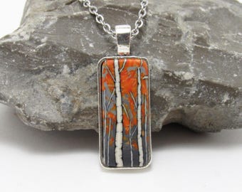 Birch Tree Pendant Necklace, Gray Orange Multi, Landscape Scene, Autumn Fall Nature Jewelry, Polymer Clay, Unique Womens Gift, Art Jewelry