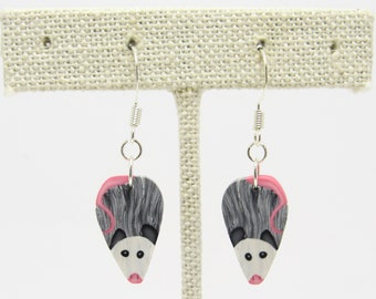 Simple Possum Dangle Earrings, Gray & White, Polymer Clay, Cute Miniature Animal, Nature Jewelry, Trash Friends, Unique Womens Gift, Opossum