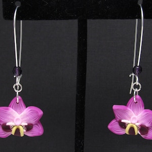 Orchid Dangle Earrings, Magenta Flower Earrings, Polymer Clay Cane, Floral Nature Jewelry, Unique Womens Gift, Phalaenopsis Moth Orchid image 1