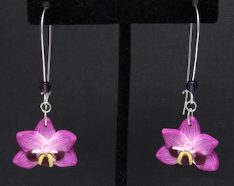 Orchid Dangle Earrings, Magenta Flower Earrings, Polymer Clay Cane, Floral Nature Jewelry, Unique Womens Gift, Phalaenopsis Moth Orchid