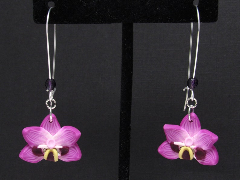 Orchid Dangle Earrings, Magenta Flower Earrings, Polymer Clay Cane, Floral Nature Jewelry, Unique Womens Gift, Phalaenopsis Moth Orchid image 1