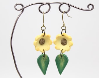 Sunflower Dangle Earrings, Flowers & Leaves, Yellow Green Brown, Polymer Clay, Floral Nature Jewelry, Unique Womens Gift, Autumn Fall