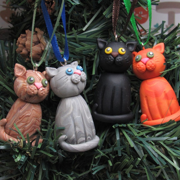Verkoop kat ornament, kerstboom decoratie, polymeerklei, met de hand gebeeldhouwd, cartoon Kitty, huisdier minnaar kerstcadeau, zwart grijs bruin oranje