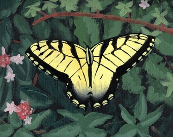 Seconds Sale Yellow Butterfly Giclee Print, 8x10, Green Pink, Eastern Tiger Swallowtail, Original Acrylic Painting, Archival Fine Art Print