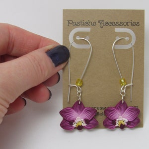 Orchid Dangle Earrings, Magenta Flower Earrings, Polymer Clay Cane, Floral Nature Jewelry, Unique Womens Gift, Phalaenopsis Moth Orchid image 6