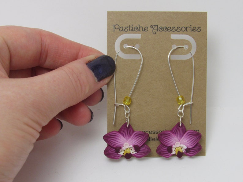 Orchid Dangle Earrings, Magenta Flower Earrings, Polymer Clay Cane, Floral Nature Jewelry, Unique Womens Gift, Phalaenopsis Moth Orchid image 6