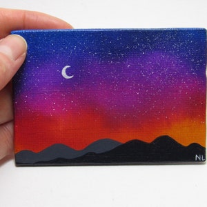 Starry Mountain Sunset, Miniature Painting, Mini Canvas Landscape, Alcohol Ink, Acrylic Painting, Blue Purple Red, Night Sky Scene, ACEO image 4