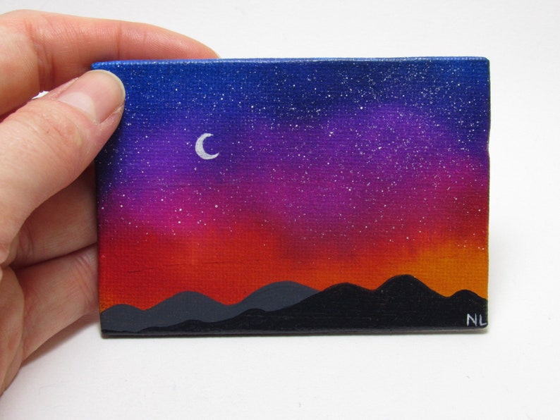 Starry Mountain Sunset, Miniature Painting, Mini Canvas Landscape, Alcohol Ink, Acrylic Painting, Blue Purple Red, Night Sky Scene, ACEO image 4