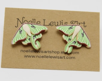 Luna Moth Stud Earrings, Green Bronze & Beige, Polymer Clay, Realistic Nature Jewelry, Unique Women's Gift, Bug Lover Gift, Small Posts