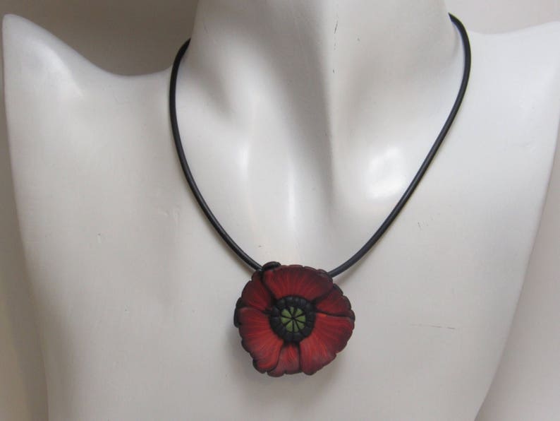 Poppy Pendant Necklace, Red & Black, Polymer Clay, Flower Choker, Floral Nature Jewelry, Statement Piece, Unique Womens Gift image 8