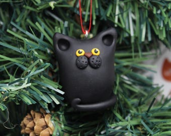 Black Cat Christmas Tree Ornament Hand Sculpted in Polymer Clay