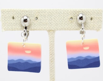 Mountain Sunset Clip on Dangle Earrings, Blue Yellow Pink Polymer Clay