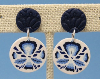 Faux Porcelain Drop Earrings, Blue White Floral, Polymer Clay Cane, Vintage Style, Unique Womens Gift, Lightweight Earrings, Stud Dangles