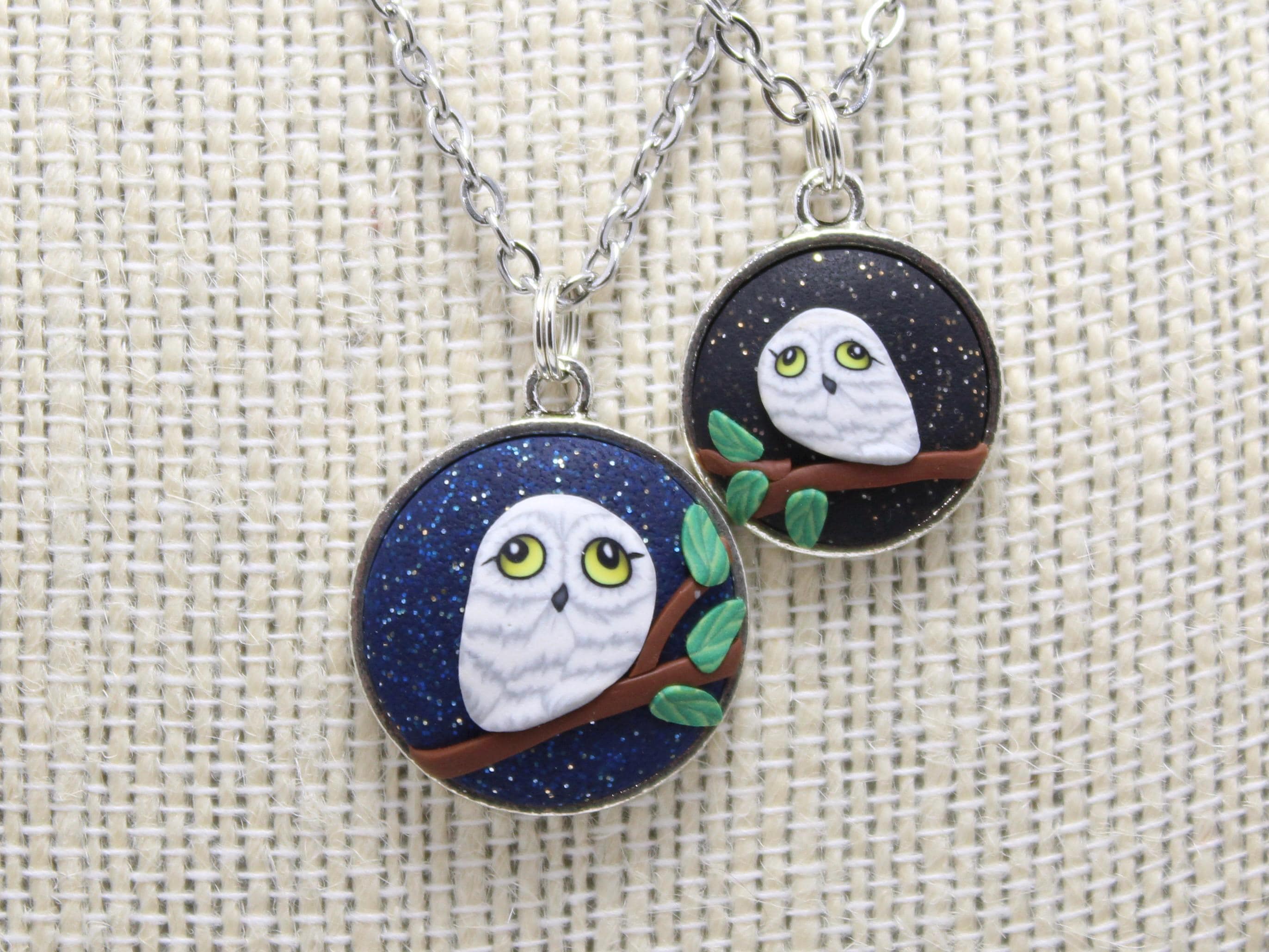 Night Owl Pendant Necklace in Black or Blue Polymer Clay