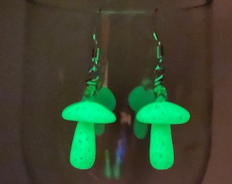 Glow Mushroom Dangle Earrings, Glow in the Dark, Polymer Clay, Nature Jewelry, Bioluminescent Mushrooms, Woodland Inspired, Women Gift