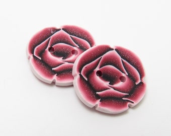 Graphic Rose Buttons, Flower Buttons, White Pink Black, Polymer Clay, Floral Accent Button, Sewing Supply, Knit Crochet Supplies, Handmade