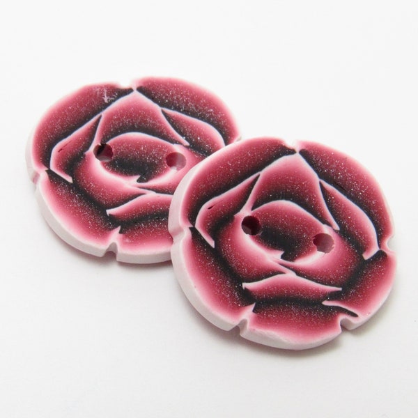 Graphic Rose Buttons, Flower Buttons, White Pink Black, Polymer Clay, Floral Accent Button, Sewing Supply, Knit Crochet Supplies, Handmade