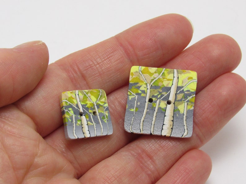 Aspen Tree Buttons, Forest Landscape, Yellow Gray, Polymer Clay, Handmade Accent Button, Sewing Supply, Knit Crochet Gift, Birch Tree Scene image 3