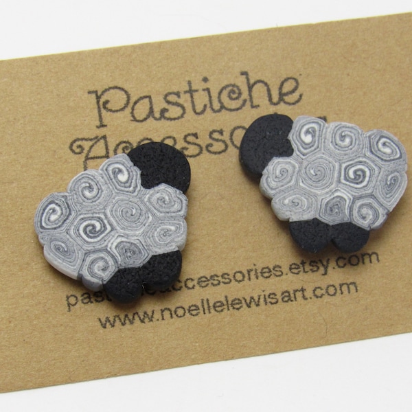 Suffolk Sheep Stud Earrings, Black & White, Small Posts, Farm Animal Jewelry, Polymer Clay Cane, Knitter Gift, Crocheter Gift, For Women