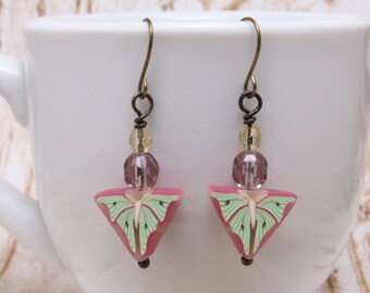 Beaded Luna Moth Dangle Earrings, Green Pink Purple Beige, Polymer Clay, Nature Jewelry, Unique Women's Gift, Bug Lover Gift, Entomologist