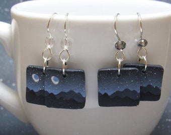 Seconds Sale - Starry Mountain Dangle Earrings, Night Sky Scene, Blue & Silver, Polymer Clay Cane, Art Jewelry, Unique Women's Gift