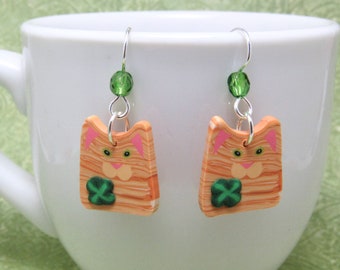 Shamrock Cat Dangle Earrings, Orange & Green, Polymer Clay, Unique Womens Gift, Animal Lover Gift, St Patrick's Day, Four Leaf Clover Kitty