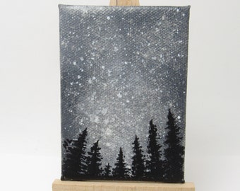 Gray Galaxy Mini Painting, Night Sky Scene, Tree Silhouette, Gray Black, Nature Landscape, Original Art, Acrylic on Canvas Board, ACEO