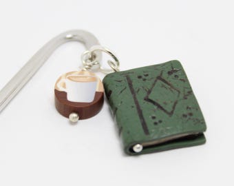 Book & Coffee or Tea Charm Bookmark in Green or Blue Polymer Clay
