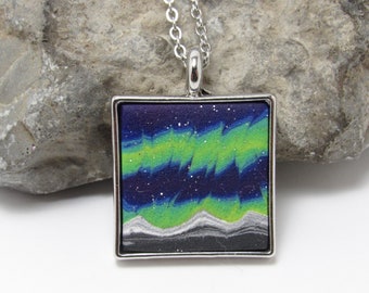 Northern Lights Pendant Necklace, Night Sky & Mountains, Green Purple, Polymer Clay, Landscape Scene, Art Jewelry, Unique Women's Gift