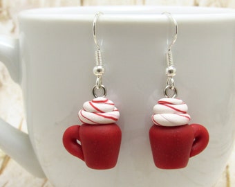 Peppermint Mocha Dangle Earrings, Red & White, Christmas Coffee Mugs, Polymer Clay, Hand Sculpted, Mini Food Jewelry, Coffee Lover Gift