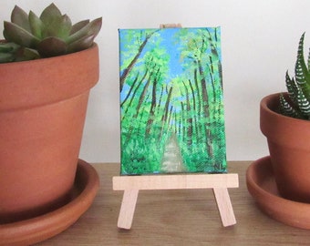 Mini Forest Painting, Hiking Trail Scene, Tree Landscape, Blue & Green, Original Art, Acrylic Canvas, Miniature Decor, Outdoorsy Gift