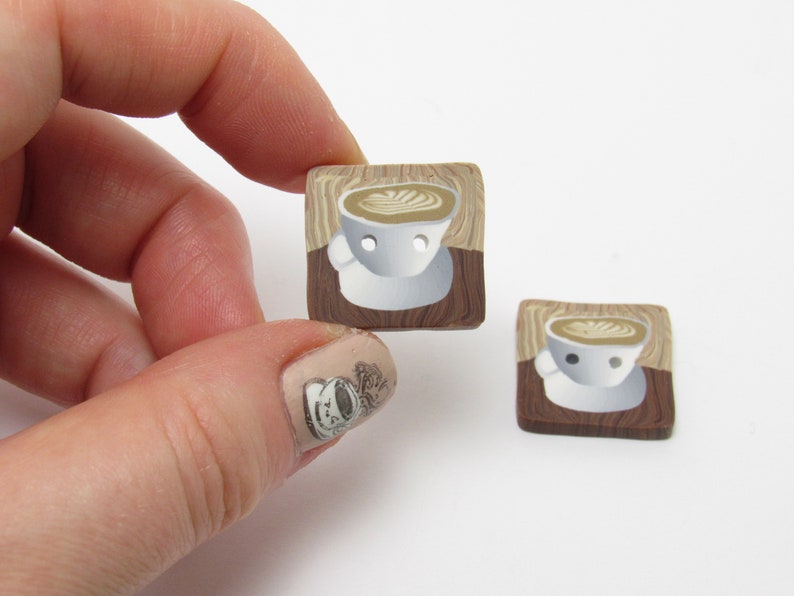 Coffee Cup Buttons, Cafe Scene, Brown & White, Polymer Clay Cane, Knit Crochet Sewing Supply, Accent Button, Caffeine Lover Gift image 3