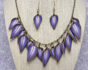 Purple Leaf Statement Necklace, Lavender & Bronze, Polymer Clay, Plant Nature Jewelry, Unique Women Gardener Gift, Flower Inspired