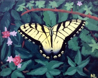 Yellow Butterfly Painting, Eastern Tiger Swallowtail, Green Nature Scene, Original Art, Acrylic on Canvas, 10x8, Small Wall Decor