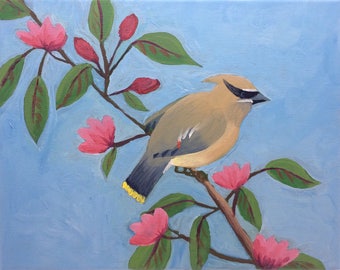 Blue Bird Painting, Cedar Waxwing, Floral Nature Art, Bird on a Branch, Original Art, Acrylic on Canvas, 10x8, Small Wall Decor, Birder Gift