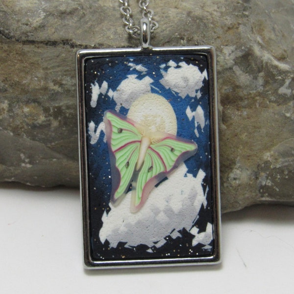 Luna Moth Pendant Necklace, Cloudy Night Sky Moon, Blue Green White, Landscape Scene, Polymer Clay, Art Jewelry, Unique Women's Gift, Bugs