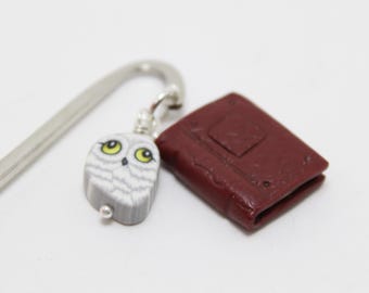 Book & Owl Charm Bookmark in Green and White Polymer Clay