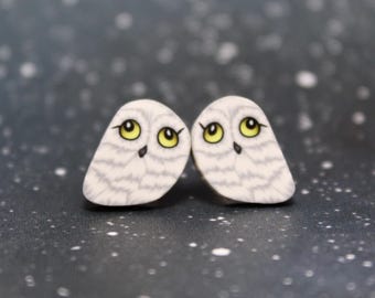 Snowy Owl Stud Earrings in White Polymer Clay