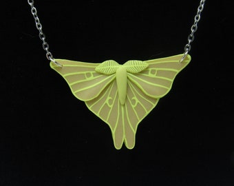 Glow Luna Moth Pendant Necklace, Green Beige, Glow in the Dark, Polymer Clay, Nature Jewelry, Unique Womens Gift, Bug Lover Gift