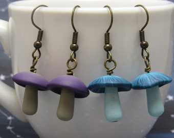Mushroom Dangle Earrings, Shaded Purple or Striped Blue, Polymer Clay, Nature Jewelry, Woodland Inspired, Women Gift, Autumn Fall Jewelry